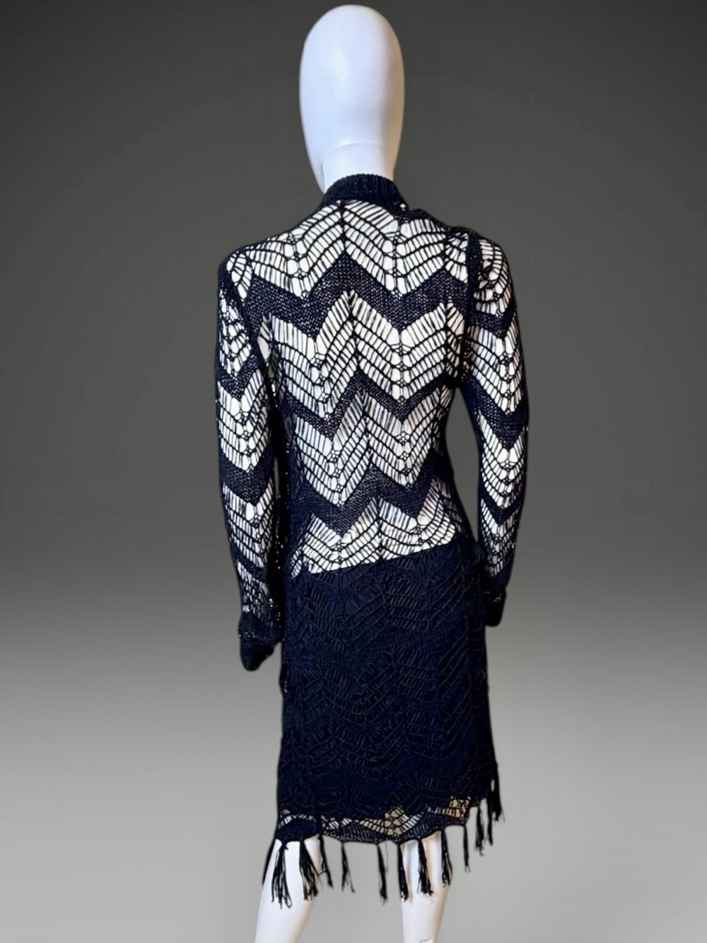 Black Open Knit Chevron Fringe Longline Cardigan Sweater, Size L